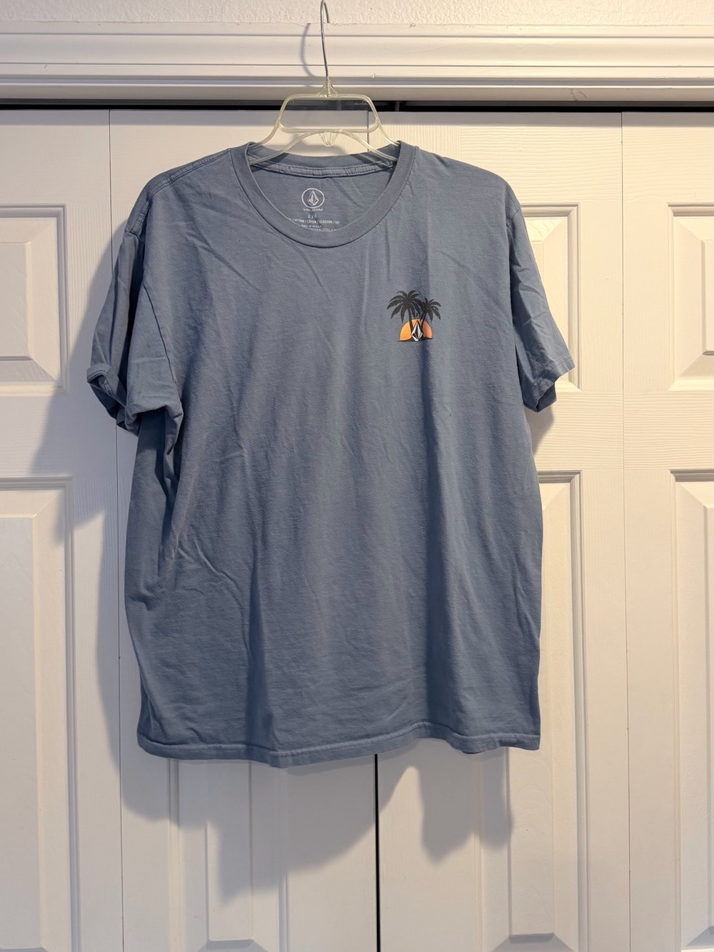 Volcom Slate Blue Short Sleeve Tee with Palm Sunset Graphic